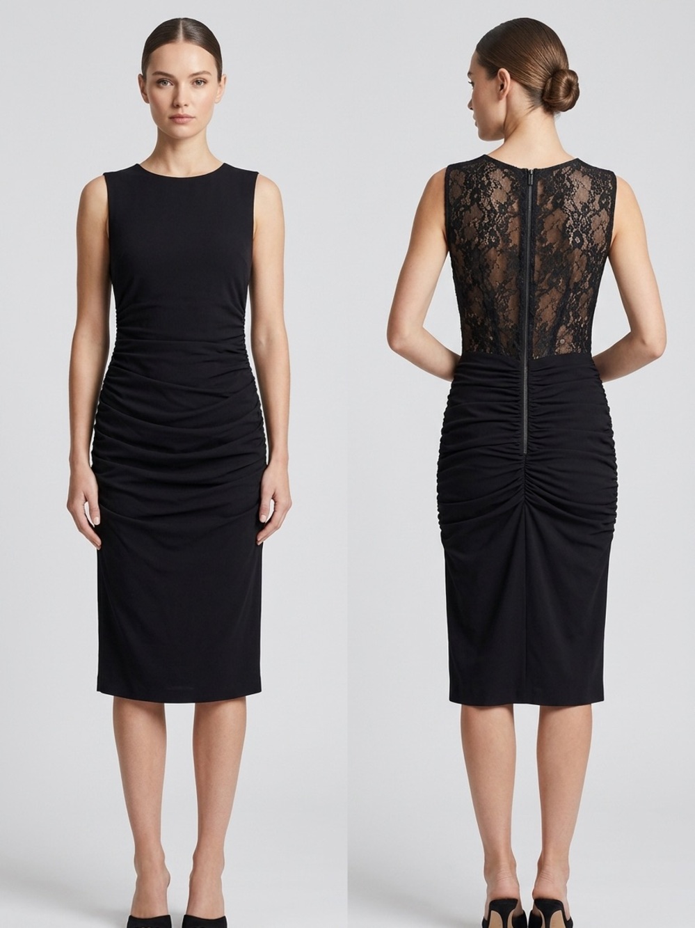 BCBGMaxAzria Black Lace-Back Ruched Midi Dress